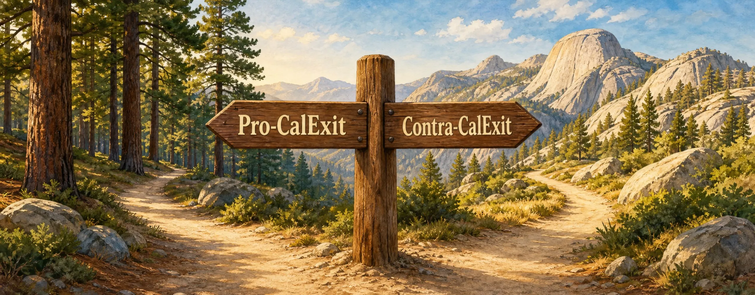 A forked wooden trail sign pointing to “Pro-CalExit” one way and “Contra-CalExit” the other